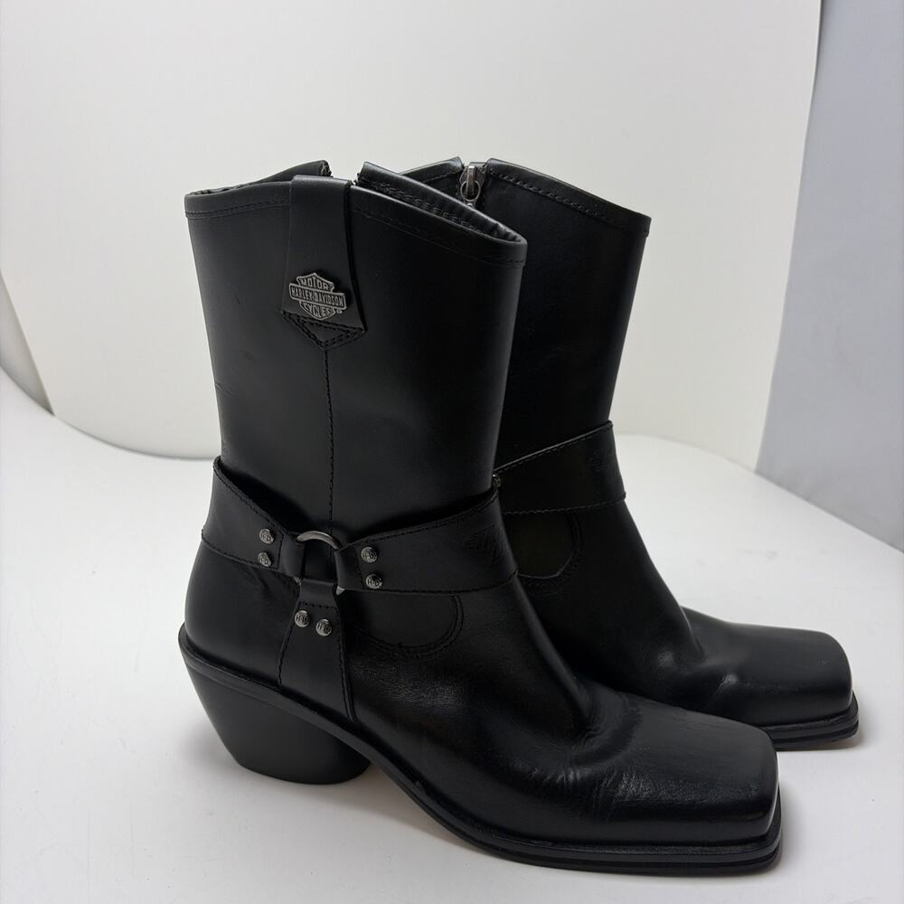 Harley-Davidson Boots Womens 7.5 Black Leather Heeled Zip Moto Buckle VTG
